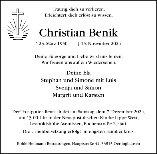 Traueranzeige von Christian Benik von Neue Westfälische