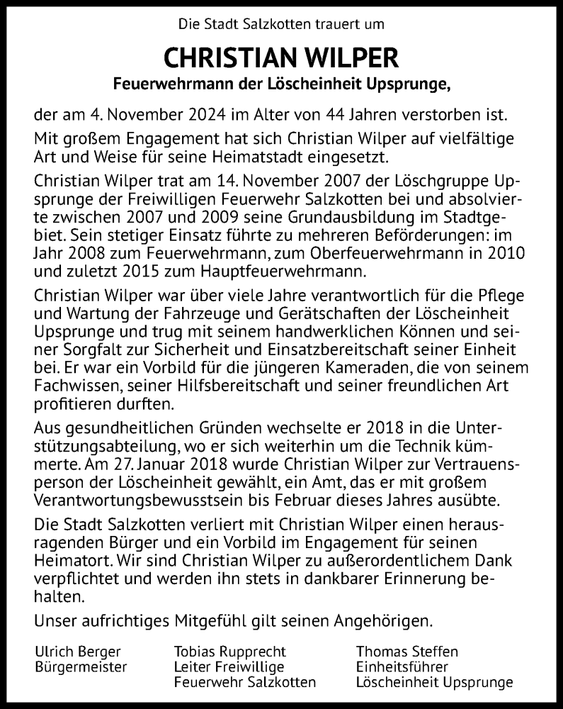  Traueranzeige für Christian Wilper vom 09.11.2024 aus Neue Westfälische