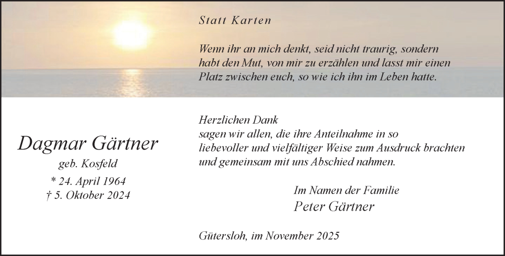  Traueranzeige für Dagmar Gärtner vom 16.11.2024 aus Neue Westfälische