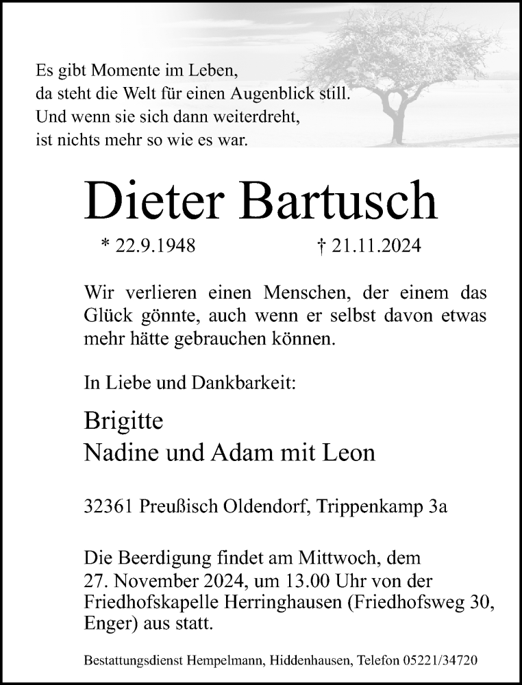  Traueranzeige für Dieter Bartusch vom 23.11.2024 aus Neue Westfälische