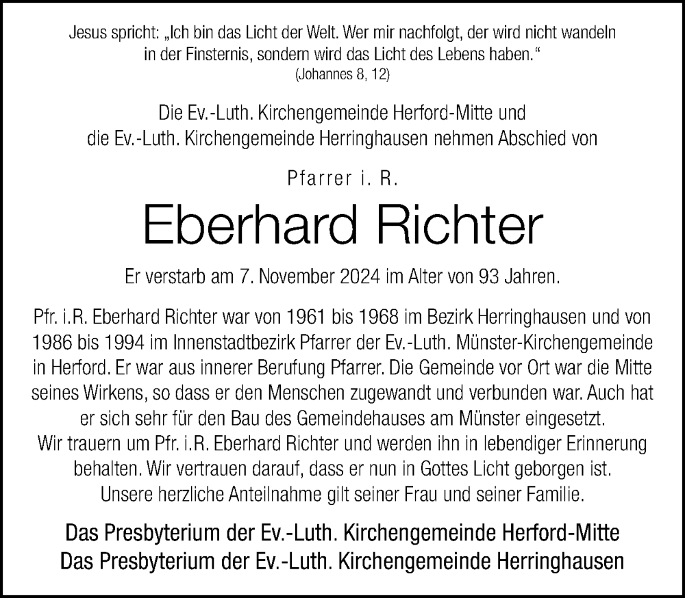  Traueranzeige für Eberhard Richter vom 22.11.2024 aus Neue Westfälische
