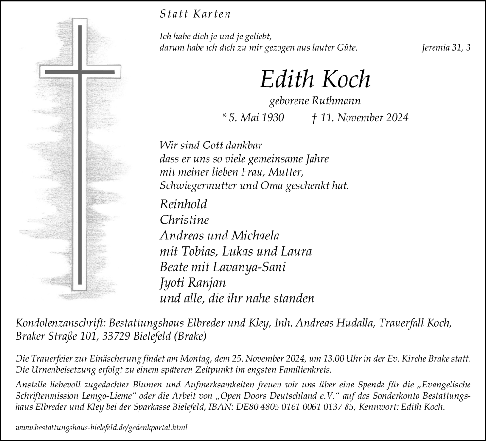  Traueranzeige für Edith Koch vom 16.11.2024 aus Neue Westfälische