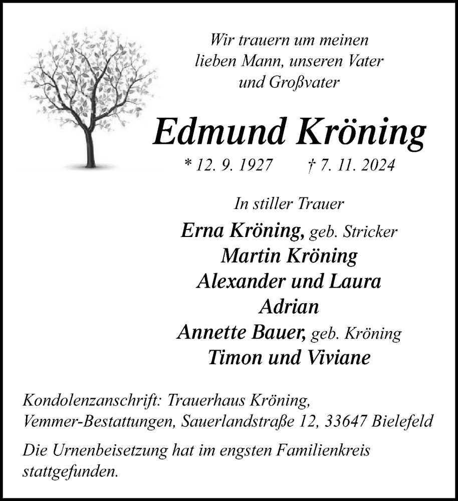  Traueranzeige für Edmund Kröning vom 23.11.2024 aus Neue Westfälische