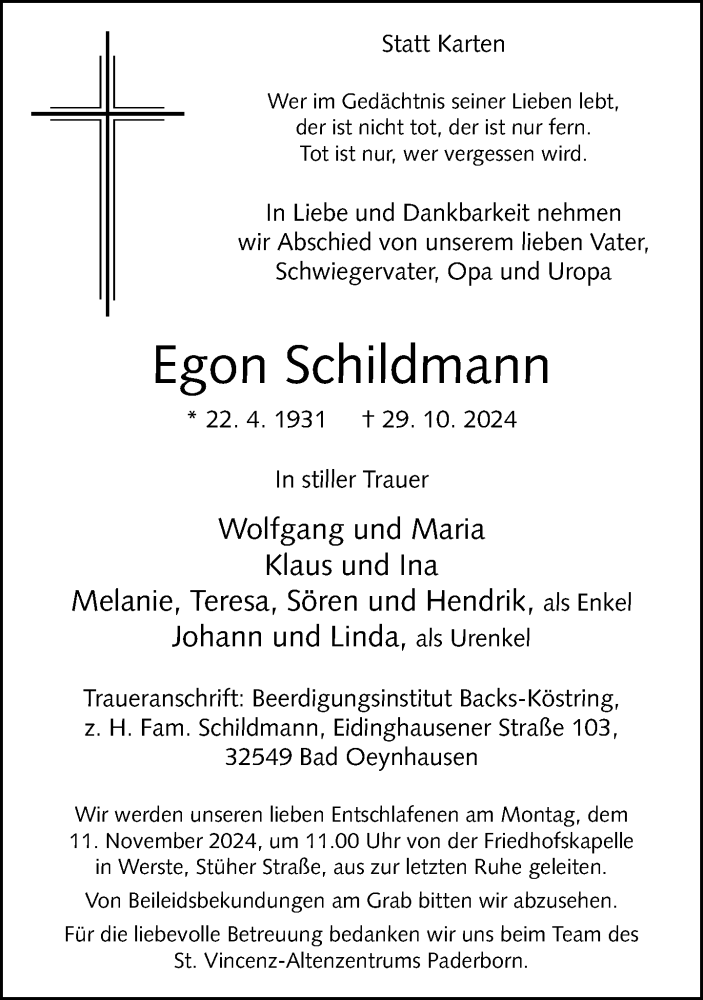  Traueranzeige für Egon Schildmann vom 06.11.2024 aus Neue Westfälische