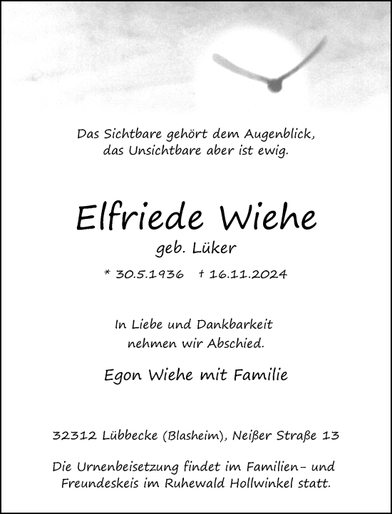 Traueranzeige von Elfriede Wiehe von Neue Westfälische
