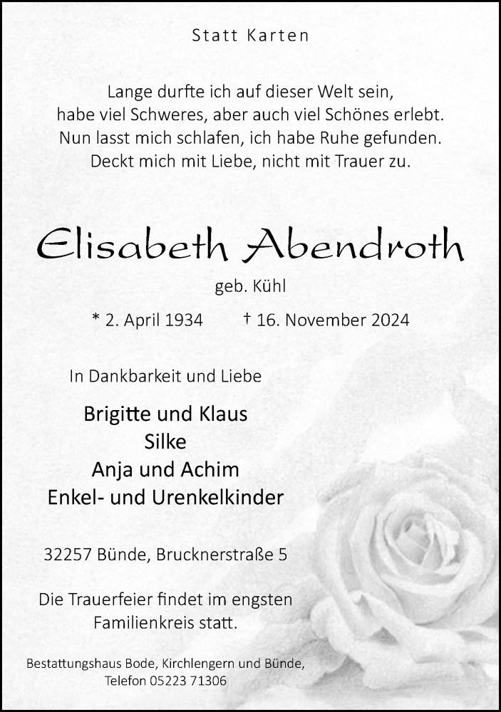  Traueranzeige für Elisabeth Abendroth vom 23.11.2024 aus Neue Westfälische