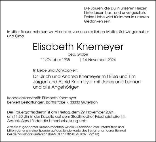 Traueranzeige von Elisabeth Knemeyer von Neue Westfälische