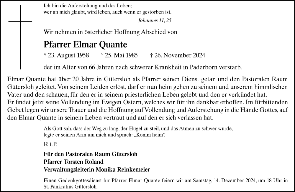  Traueranzeige für Elmar Quante vom 30.11.2024 aus Neue Westfälische