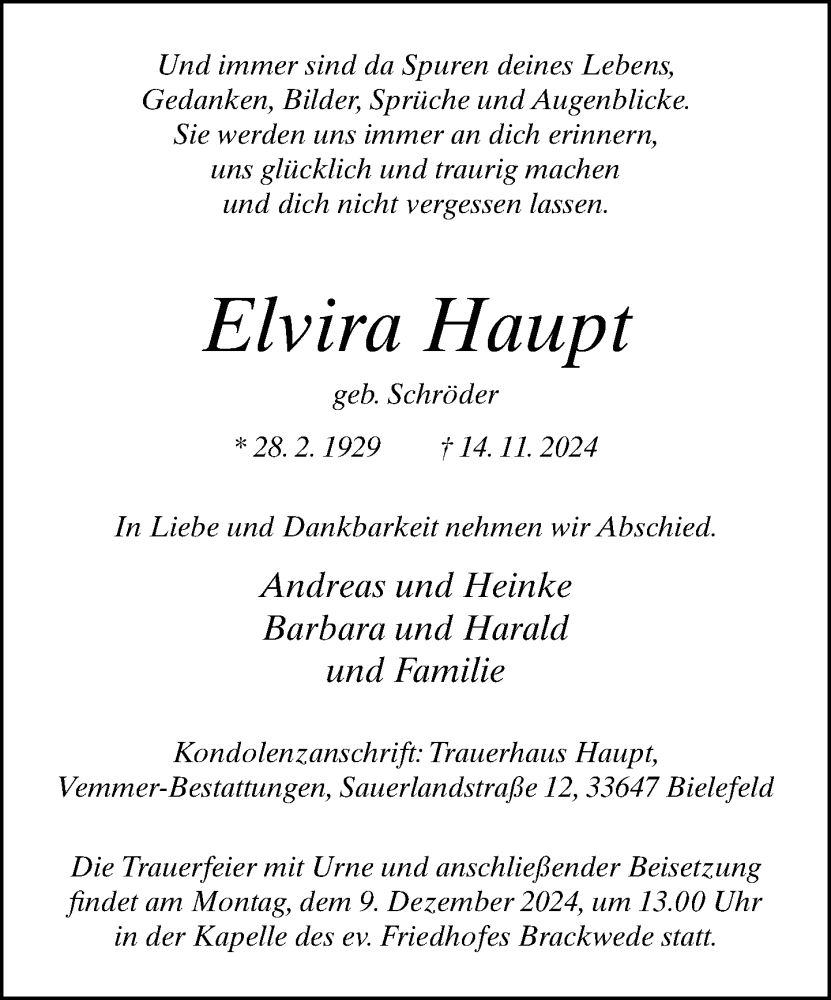  Traueranzeige für Elvira Haupt vom 23.11.2024 aus Neue Westfälische