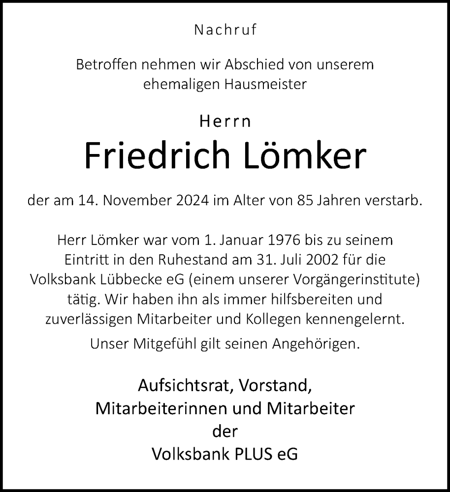  Traueranzeige für Friedrich Lömker vom 27.11.2024 aus Neue Westfälische
