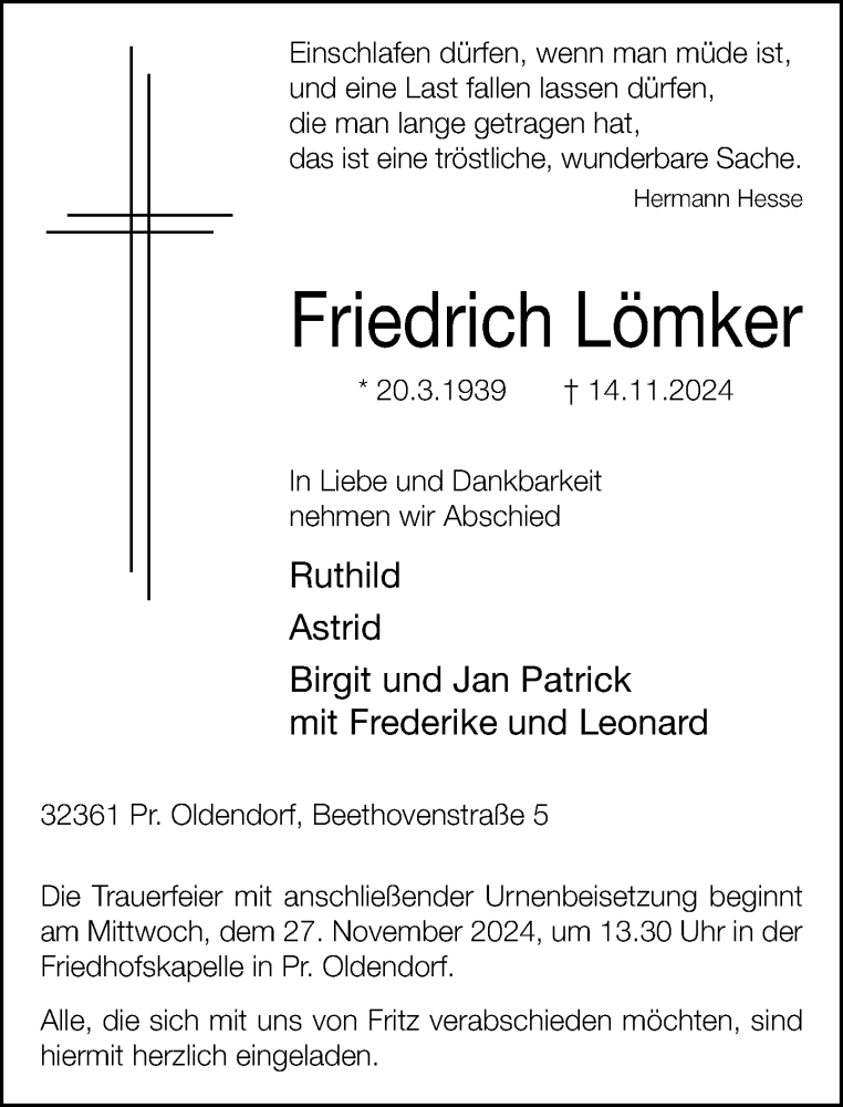  Traueranzeige für Friedrich Lömker vom 21.11.2024 aus Neue Westfälische
