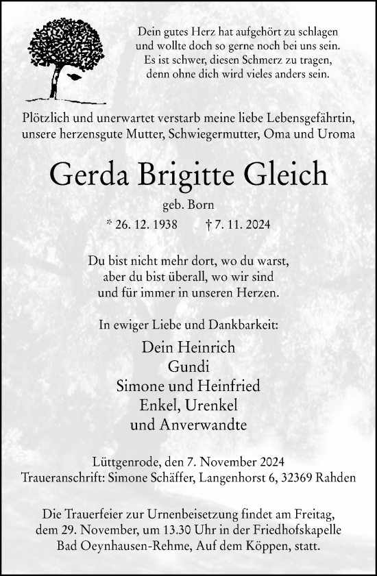 Traueranzeige von Gerda Brigitte Gleich von Neue Westfälische