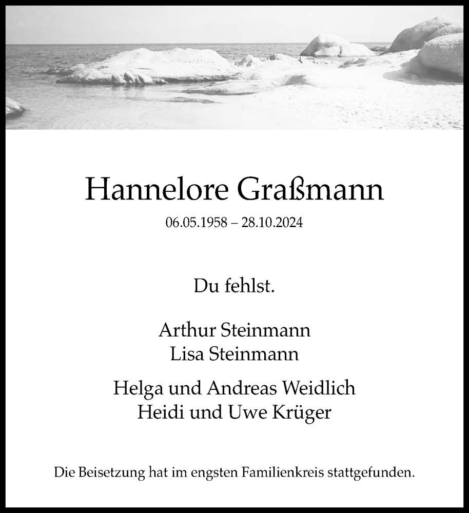  Traueranzeige für Hannelore Graßmann vom 23.11.2024 aus Neue Westfälische