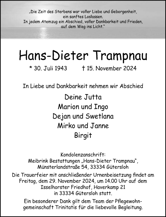 Traueranzeige von Hans-Dieter Trampnau von Neue Westfälische