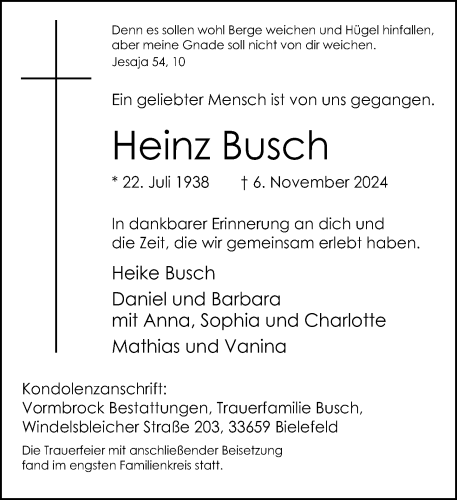  Traueranzeige für Heinz Busch vom 23.11.2024 aus Neue Westfälische