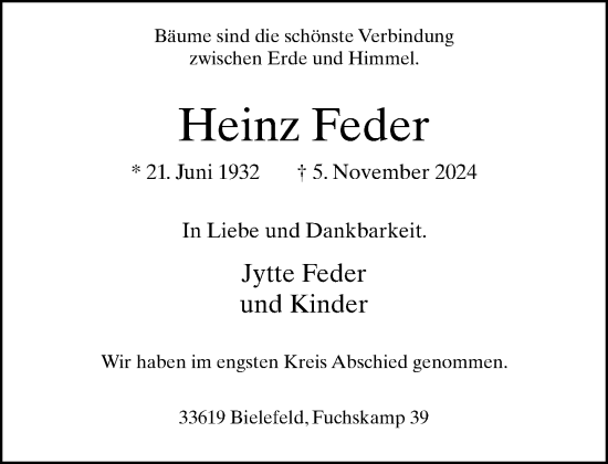 Traueranzeige von Heinz Feder von Neue Westfälische