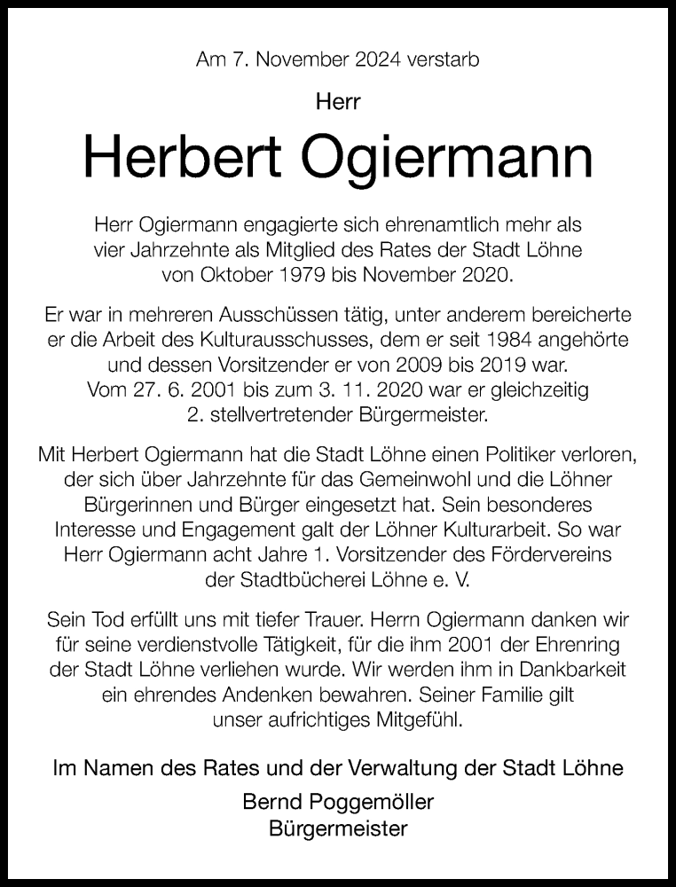  Traueranzeige für Herbert Ogiermann vom 23.11.2024 aus Neue Westfälische