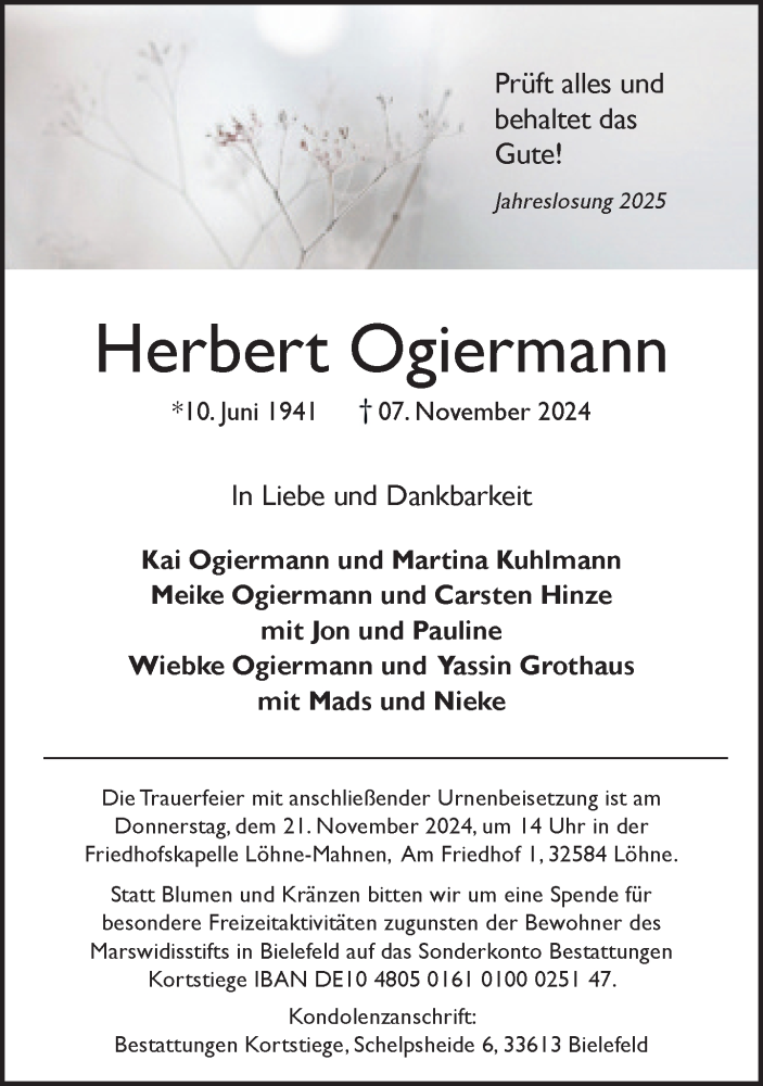  Traueranzeige für Herbert Ogiermann vom 16.11.2024 aus Neue Westfälische