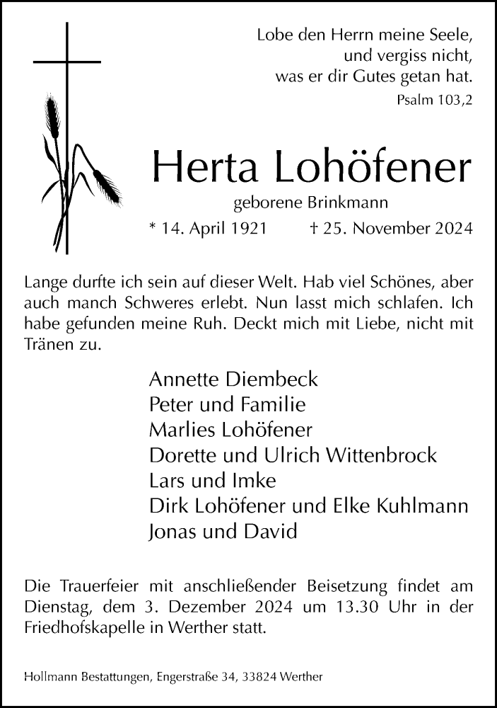 Traueranzeige für Herta Lohöfener vom 30.11.2024 aus Neue Westfälische
