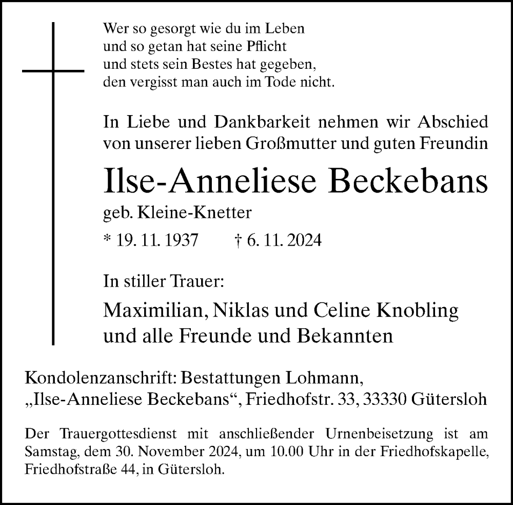  Traueranzeige für Ilse-Anneliese Beckebans vom 23.11.2024 aus Neue Westfälische