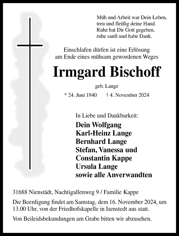 Traueranzeige für Irmgard Bischoff vom 09.11.2024 aus Neue Westfälische