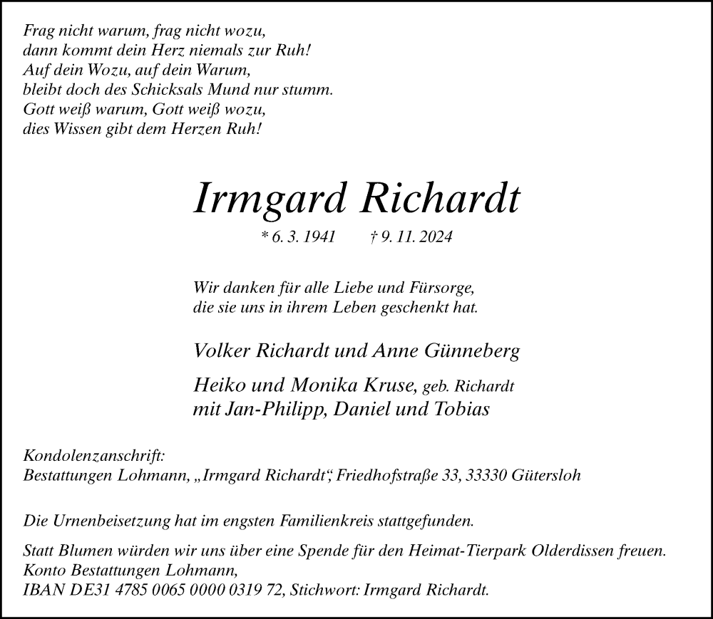  Traueranzeige für Irmgard Richardt vom 30.11.2024 aus Neue Westfälische
