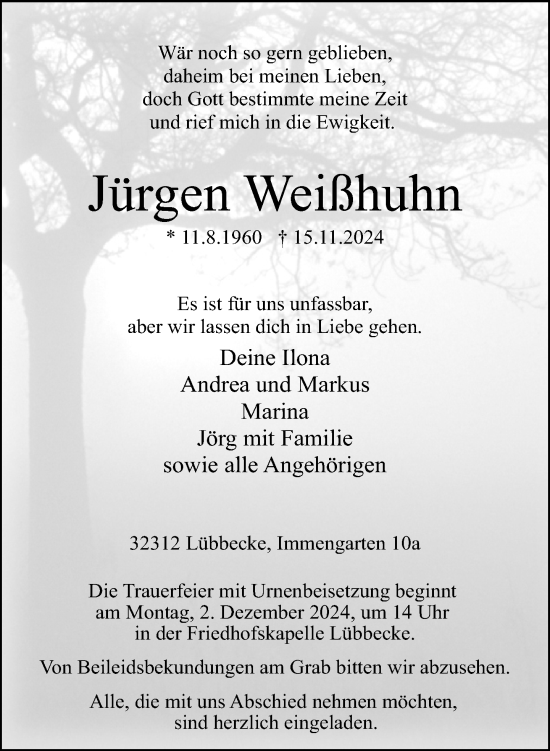 Traueranzeige von Jürgen Weißhuhn von Neue Westfälische