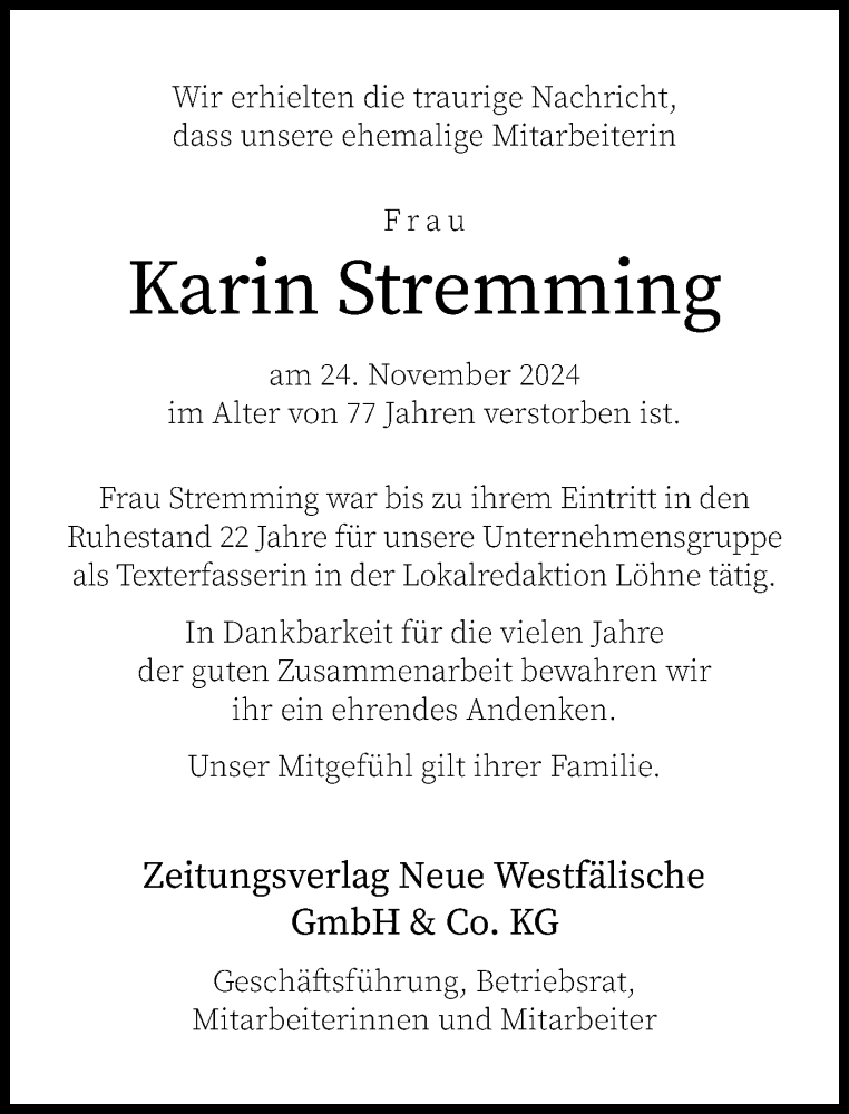 Traueranzeige für Karin Stremming vom 30.11.2024 aus Neue Westfälische