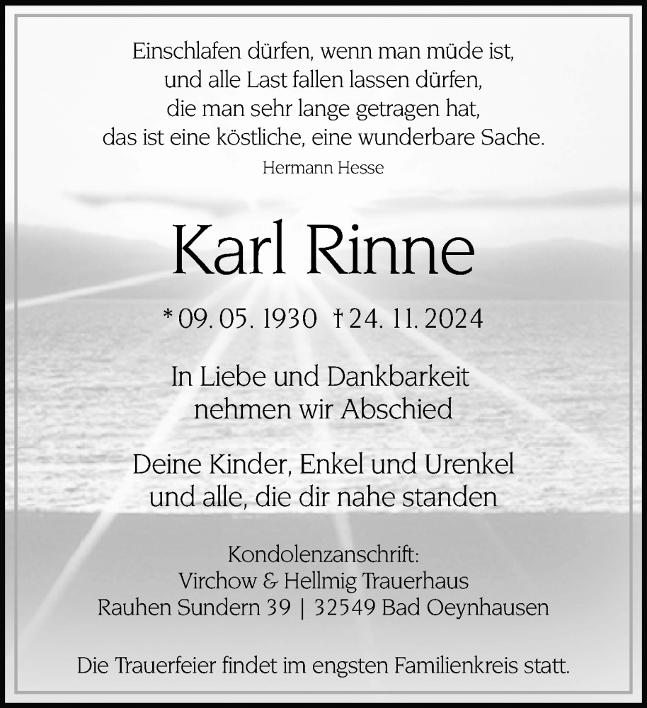 Traueranzeige für Karl Rinne vom 27.11.2024 aus Neue Westfälische