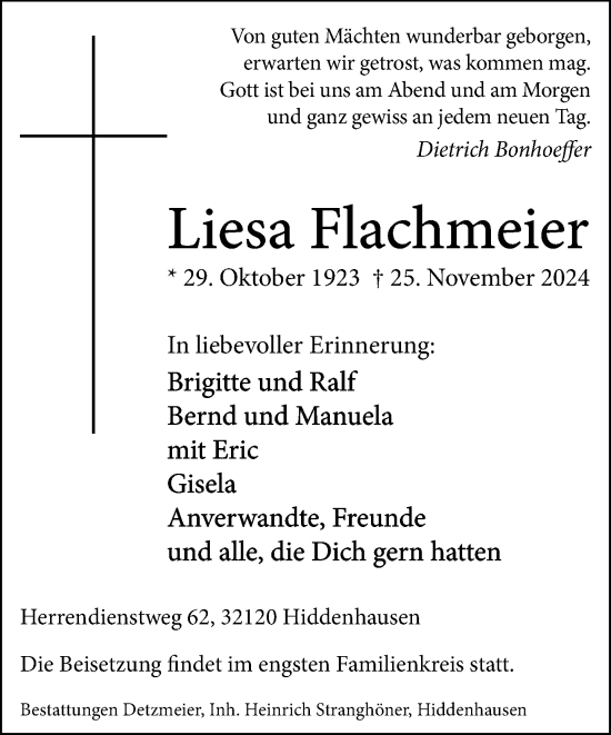 Traueranzeige von Liesa Flachmeier von Neue Westfälische