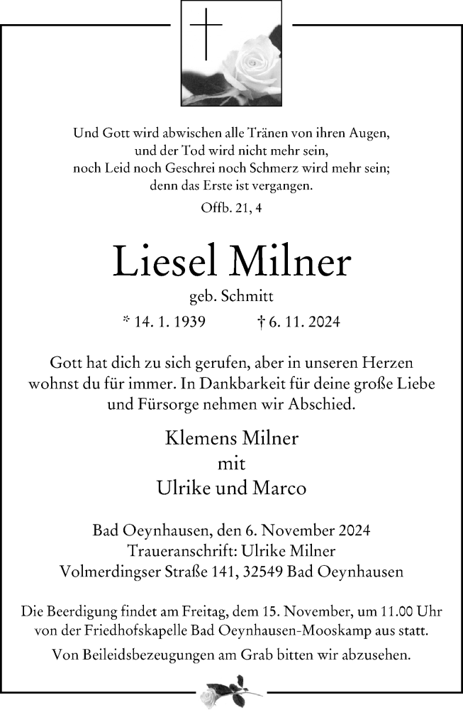 Traueranzeige für Liesel Milner vom 09.11.2024 aus Neue Westfälische