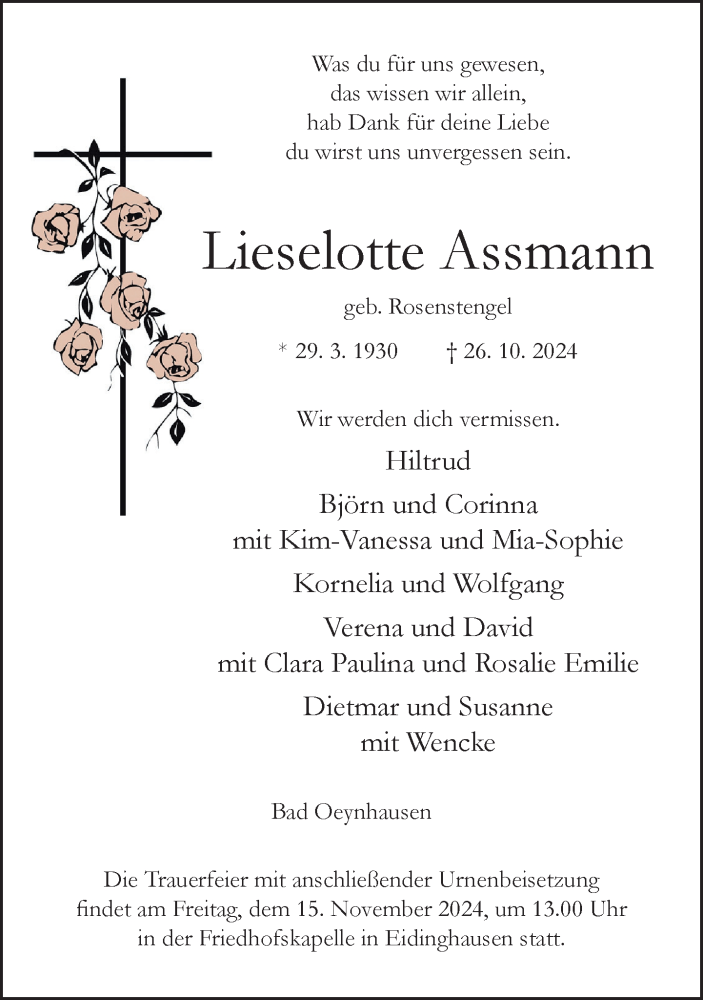  Traueranzeige für Lieselotte Assmann vom 09.11.2024 aus Neue Westfälische