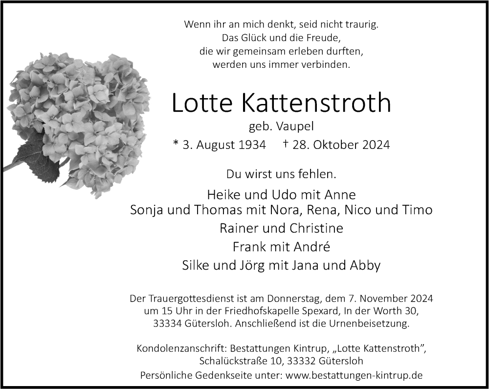  Traueranzeige für Lotte Kattenstroth vom 01.11.2024 aus Neue Westfälische