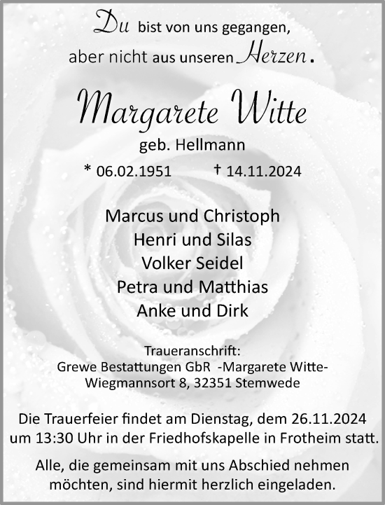 Traueranzeige von Margarete Witte von Neue Westfälische