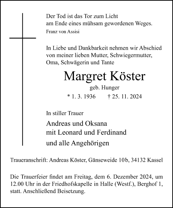 Traueranzeige von Margret Köster von Neue Westfälische