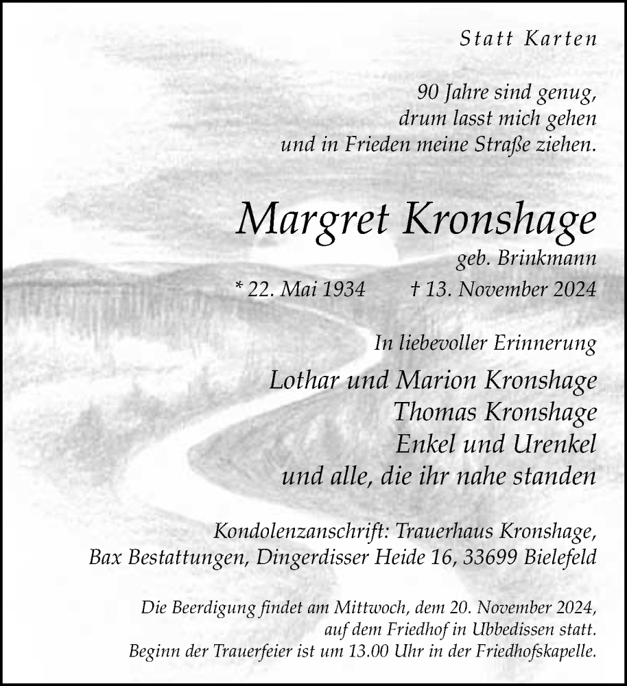  Traueranzeige für Margret Kronshage vom 16.11.2024 aus Neue Westfälische