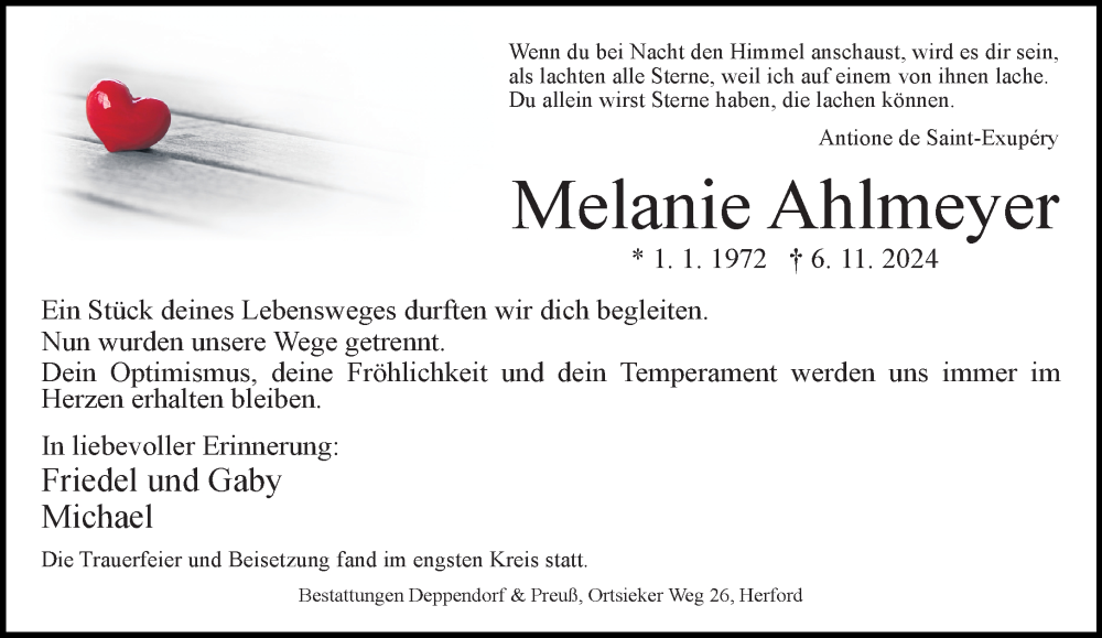  Traueranzeige für Melanie Ahlmeyer vom 16.11.2024 aus Neue Westfälische
