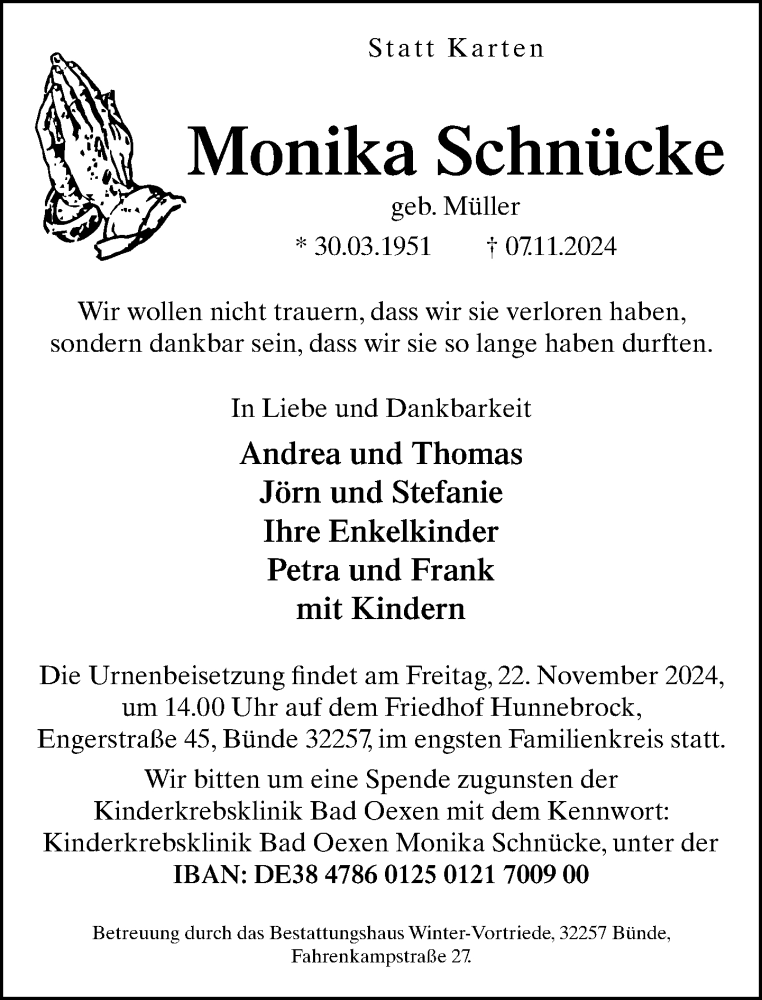  Traueranzeige für Monika Schnücke vom 16.11.2024 aus Neue Westfälische