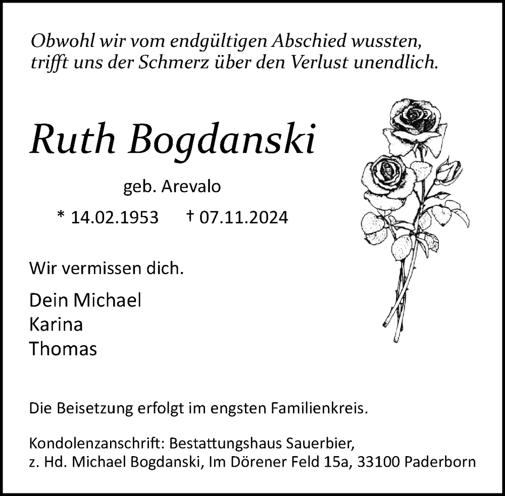  Traueranzeige für Ruth Bogdanski vom 16.11.2024 aus Neue Westfälische