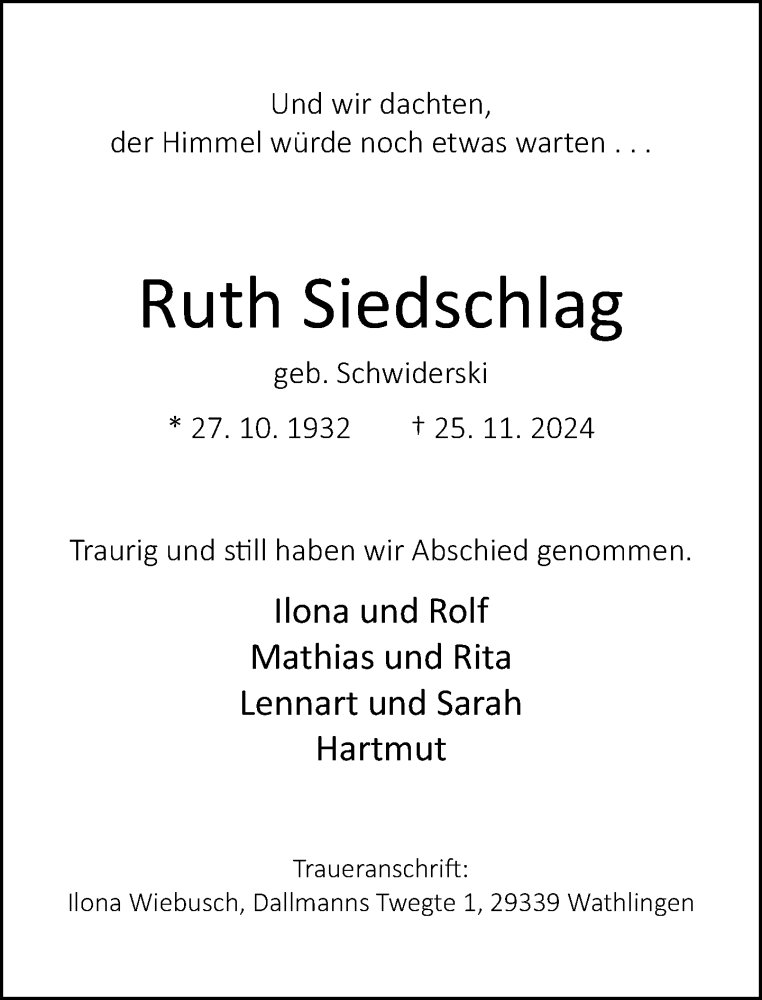  Traueranzeige für Ruth Siedschlag vom 30.11.2024 aus Neue Westfälische
