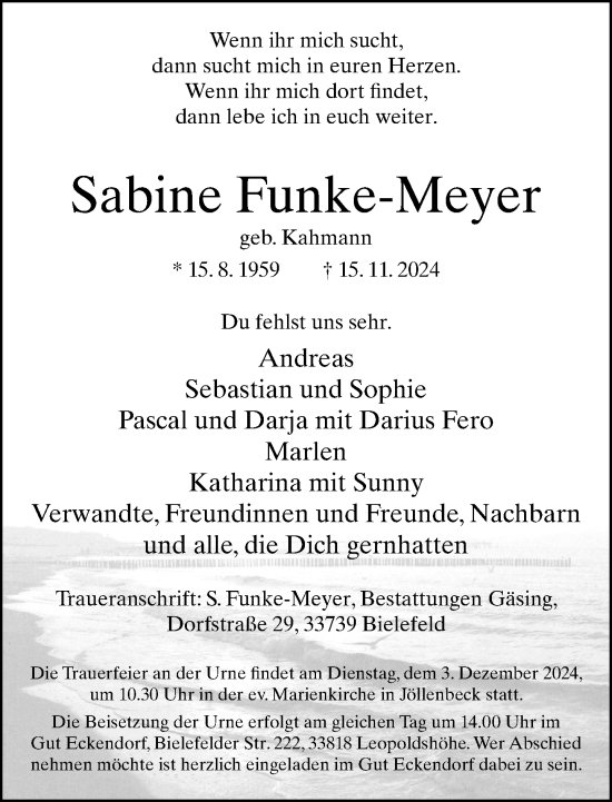 Traueranzeige von Sabine Funke-Meyer von Neue Westfälische