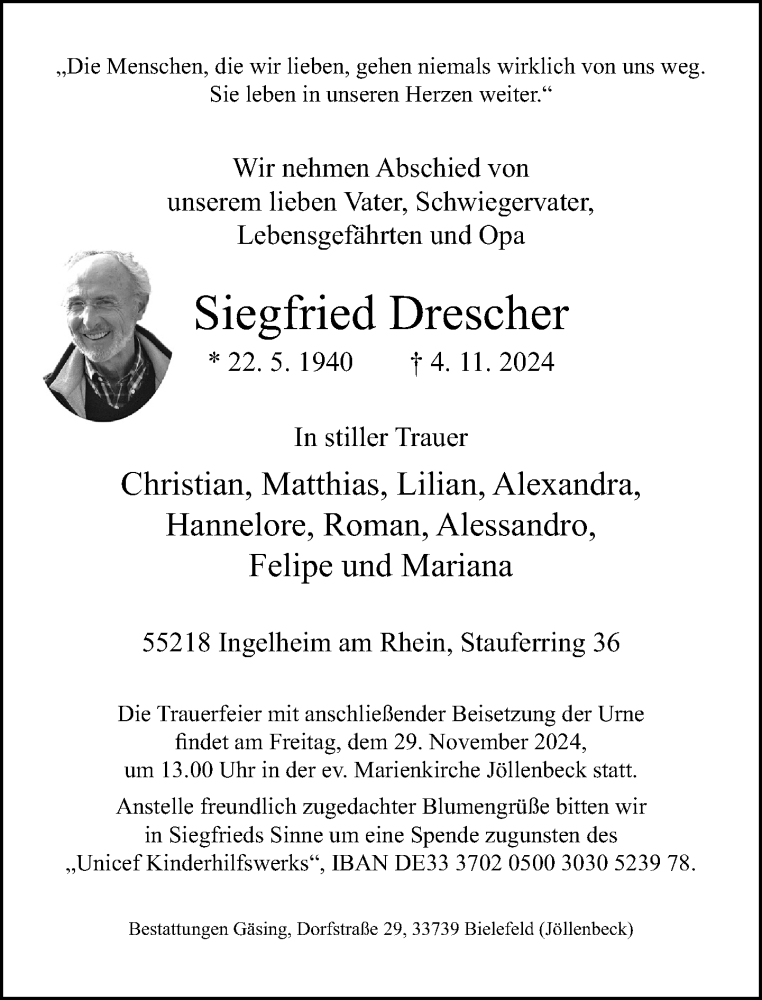  Traueranzeige für Siegfried Drescher vom 16.11.2024 aus Neue Westfälische