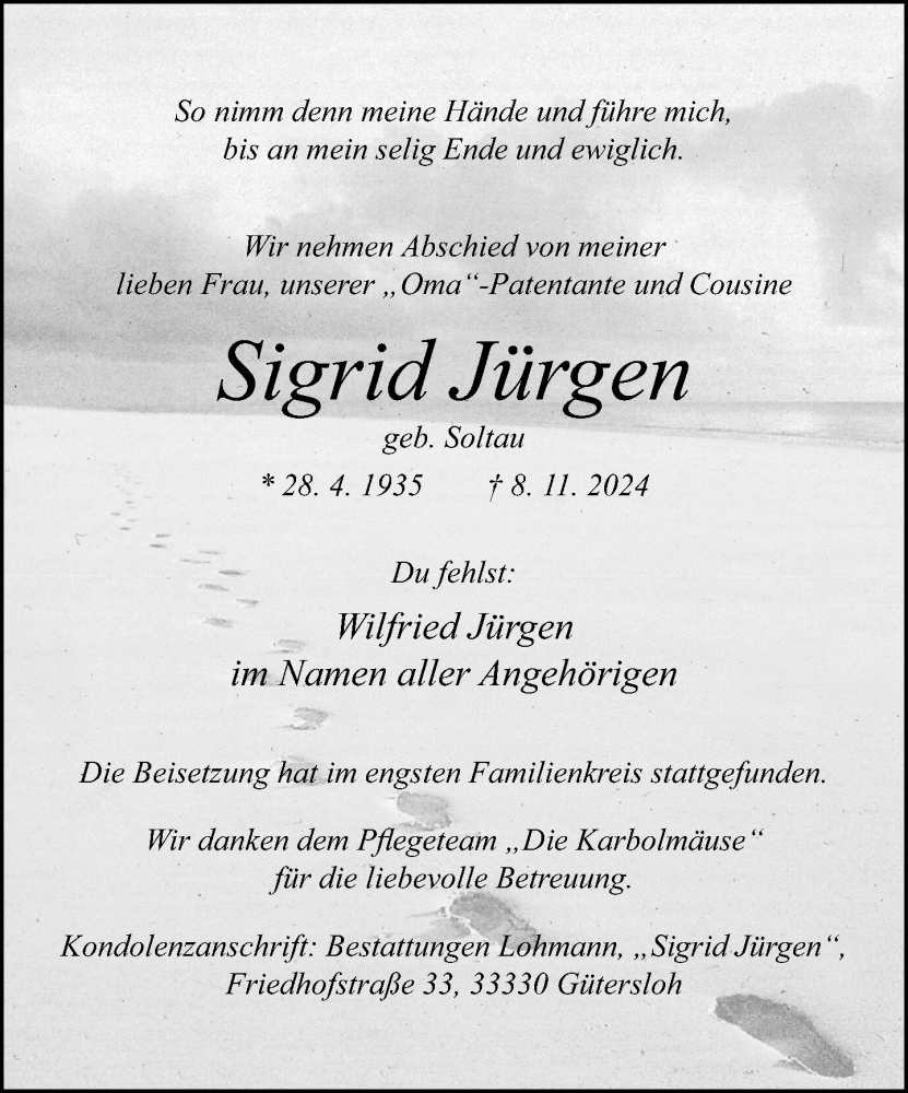  Traueranzeige für Sigrid Jürgen vom 23.11.2024 aus Neue Westfälische