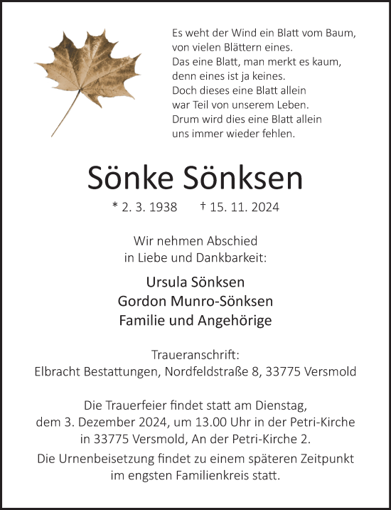 Traueranzeige von Sönke Sönksen von Neue Westfälische