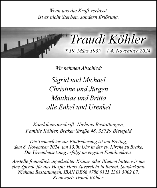 Traueranzeige von Traudi Köhler von Neue Westfälische