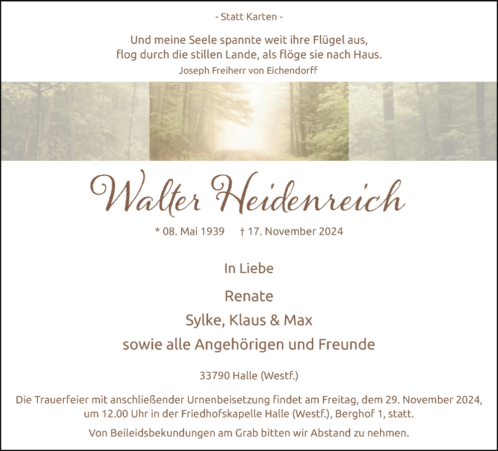  Traueranzeige für Walter Heidenreich vom 23.11.2024 aus Neue Westfälische