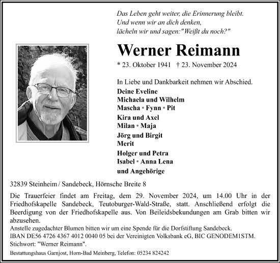 Traueranzeige von Werner Reimann von Neue Westfälische