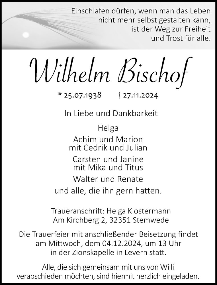  Traueranzeige für Wilhelm Bischof vom 30.11.2024 aus Neue Westfälische
