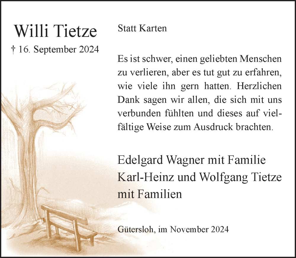  Traueranzeige für Willi Tietze vom 01.11.2024 aus Neue Westfälische