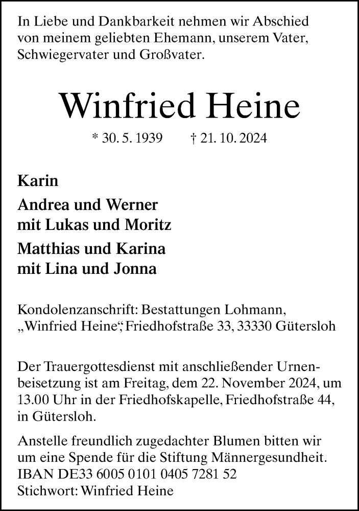  Traueranzeige für Winfried Heine vom 01.11.2024 aus Neue Westfälische